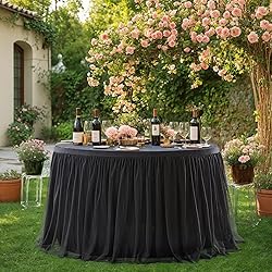 60 Inch Black Round Tulle Tablecloth with Skirt