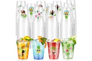 ACPOPBM 100 Pcs Hawaii Laua Cups, 12 oz Pool Party Disposable Plastic Cups Tiki Aloha Flamingo Tropical Pineapple Drinking Cups for Summer Beach Hawaiian Birthday Party Supplies