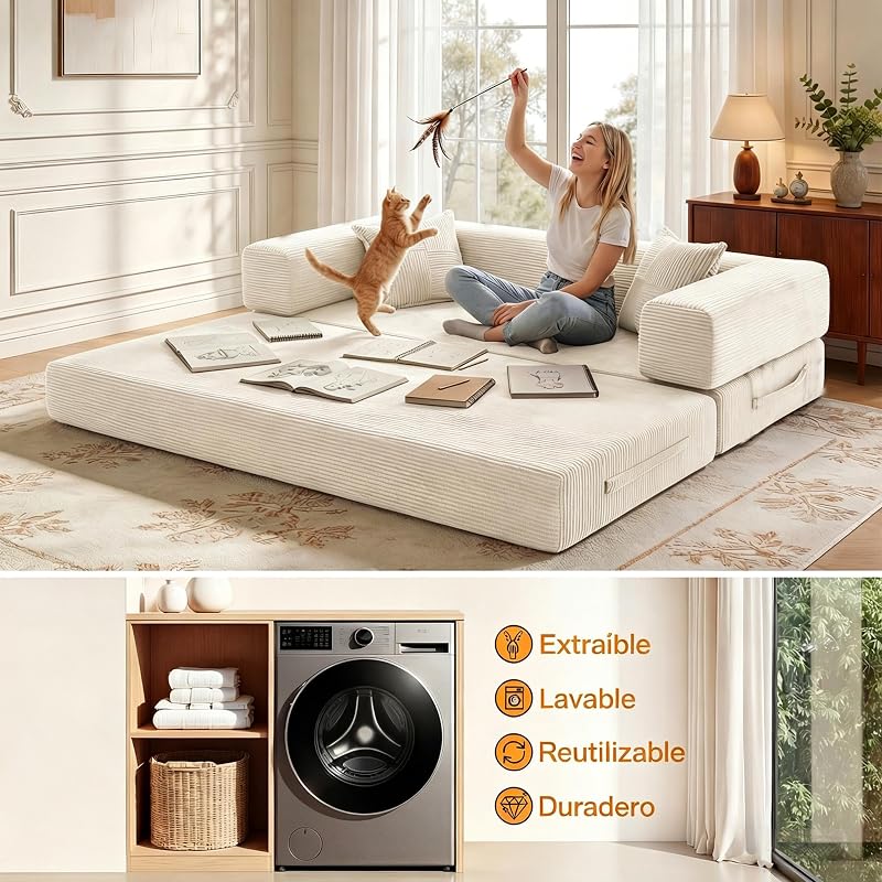 200cm Sofá Cama 3 Plazas con Espuma & Muelles para Salón,Blanco