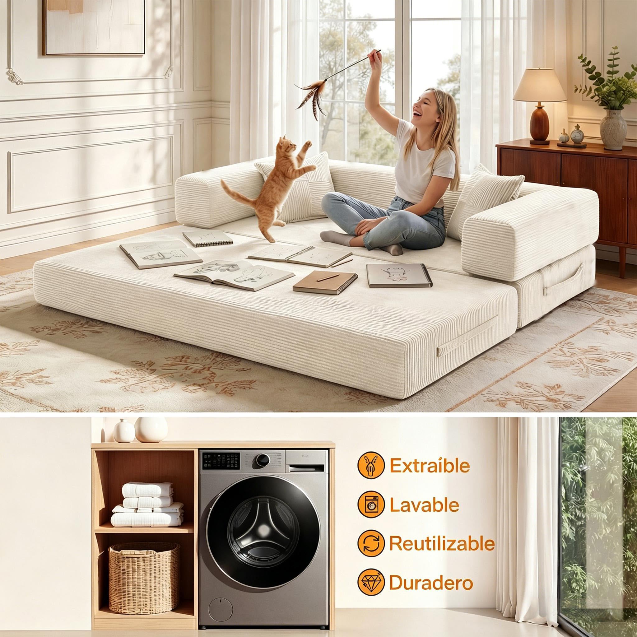 200cm Sofá Cama 3 Plazas con Espuma & Muelles para Salón,Blanco