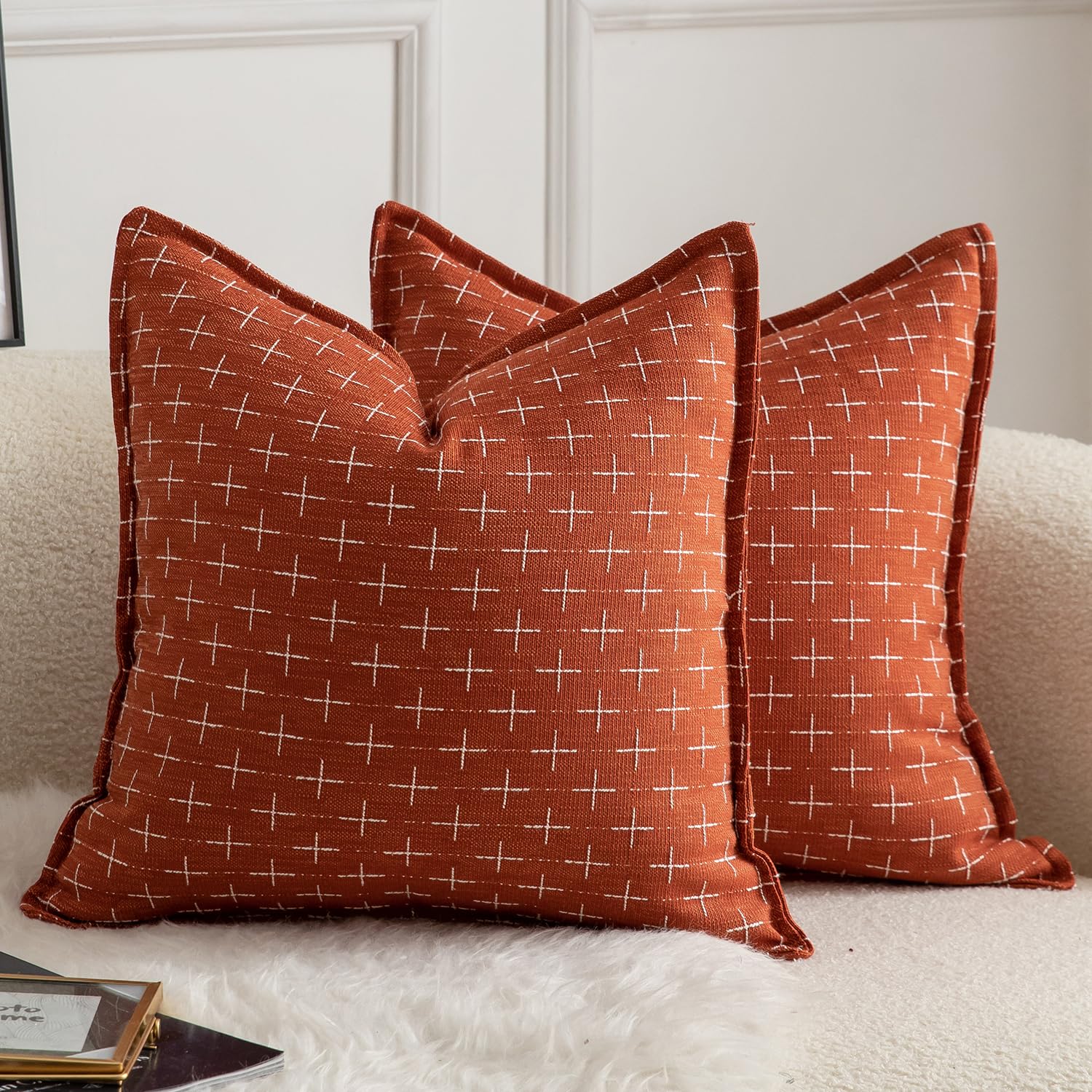 Mandioo Pack of 2 Burlap Linen Cushion Covers Woven Textured Modern Farmhouse Throw Pillow Cases Decorative Couch Sofa Bed Living Room 20 x 20 Inch 50x50 cm Burnt Orange