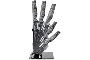 Kitchen Knife Block Set - Granite 5 Piece Knives Set with Clear Acrylic Block - Wood Affect Handle - Stainless Steel Blades - by Nuovva