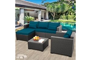 OASISHINE 4 PCS Patio Furniture Set Outdoor Sectional Wicker Patio Couch with Chair Ottoman and Lining Outdoor Storage Table Weathering Non-slip Cushions Waterproof Covers, Peacock Blue