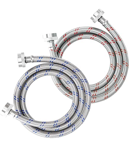 correct installation of stainless steel braided washing machine hoses with labeled hot and cold connections