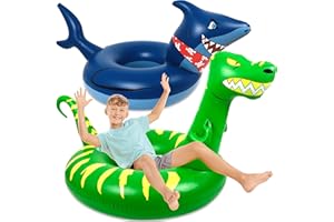 GEEFUUN 2PCS Pool Floats for Kids Adults Inflatable Dinosaur Shark Swimming Floaties Rings Water Party Supplies