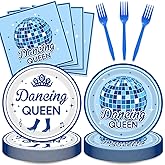48Pcs Dancing Queen Party Decorations Dancing Queen Birthday Paper Plates and Napkins Blue Disco Party Tableware Set Supplies for Bachelorette Birthday Party Decorations