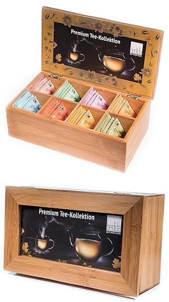 40er Tee Set/Geschenk-Set / 8 Geschmacksrichtungen je 5 Stück/Teebeutel PREMIUM-KOLLEKTION TEEBOX MIT FENSTER Holzbox/Bambusbox/Vorratsbox auch für Teeblumen/Erblühtee in Bambus Natur by Feelino
