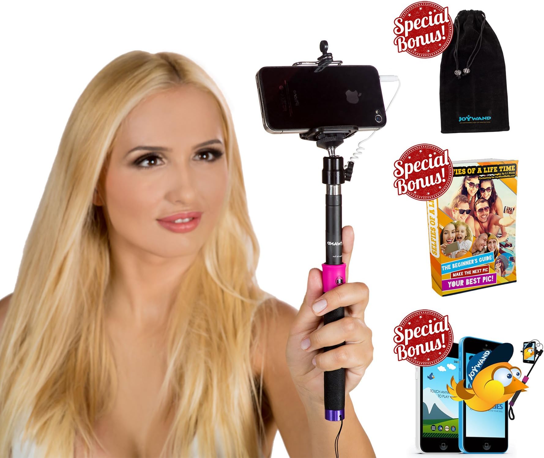 Selfie Stick, JoyWand © for iPhone 6 5 4, Samsung , Nokia, LG , Blackberry, HTC , FREE CARRY BAG , FREE SPECIAL E-BOOK , FREE UNIQUE GAME , Extendable Cable Monopod with Adjustable Phone Holder & Built-in Remote Shutter for Smartphones