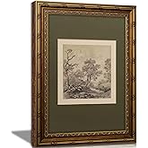Vintage Gold Framed Wall Art Tree Forest Landscape Painting Canvas Prints Green Gray Tree Natural Sketch Picture Rustic Farmh