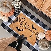 Fallovea Halloween Welcome Door Mat Combo Set, Skeletal Hand Coco Coir Doormat -28" x 43" Black and White Plaid Rug, Autumn F