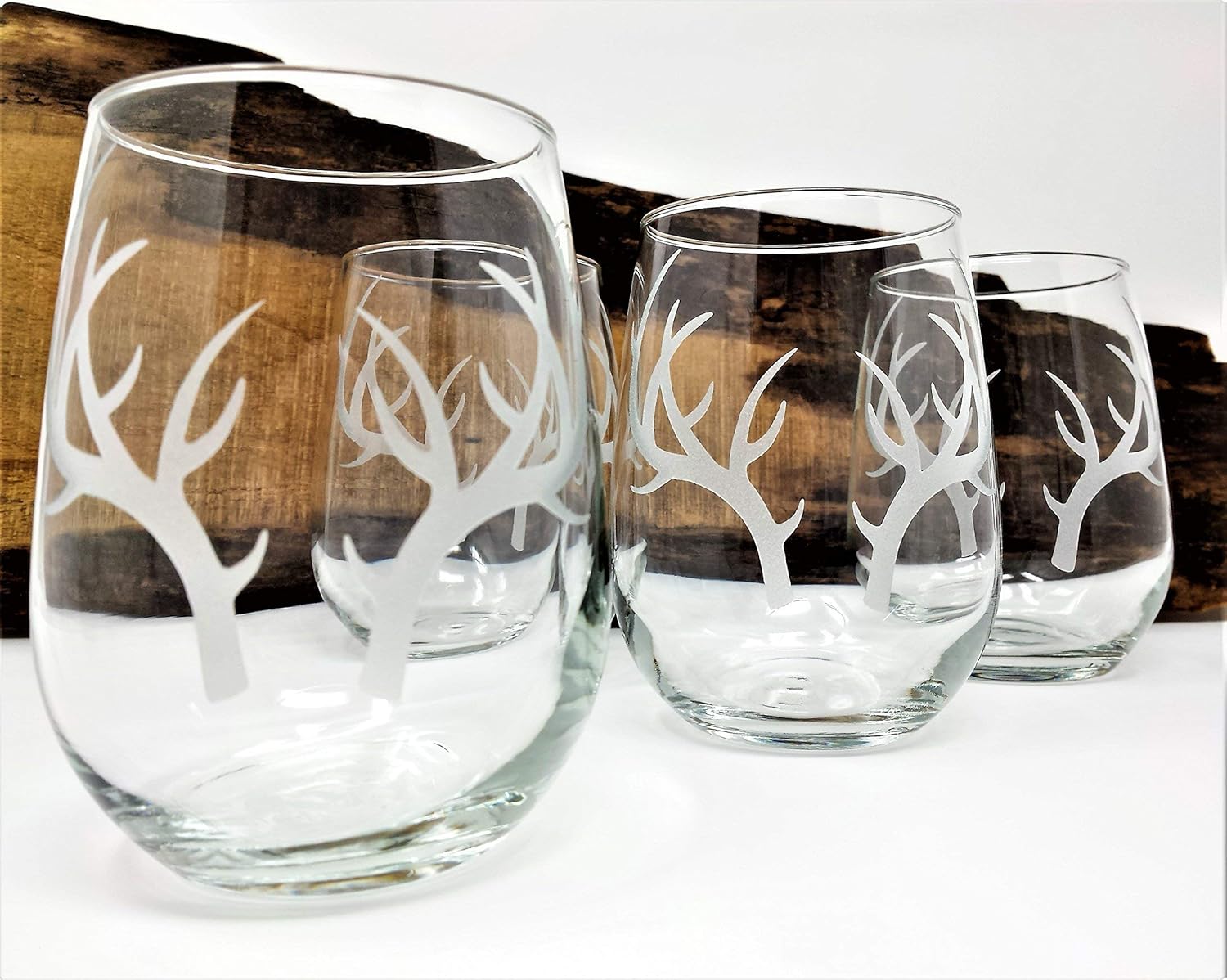 Amazon Com Antlers Stemless Wine Glasses Engraved Wedding Favors Cottage Barware Handmade