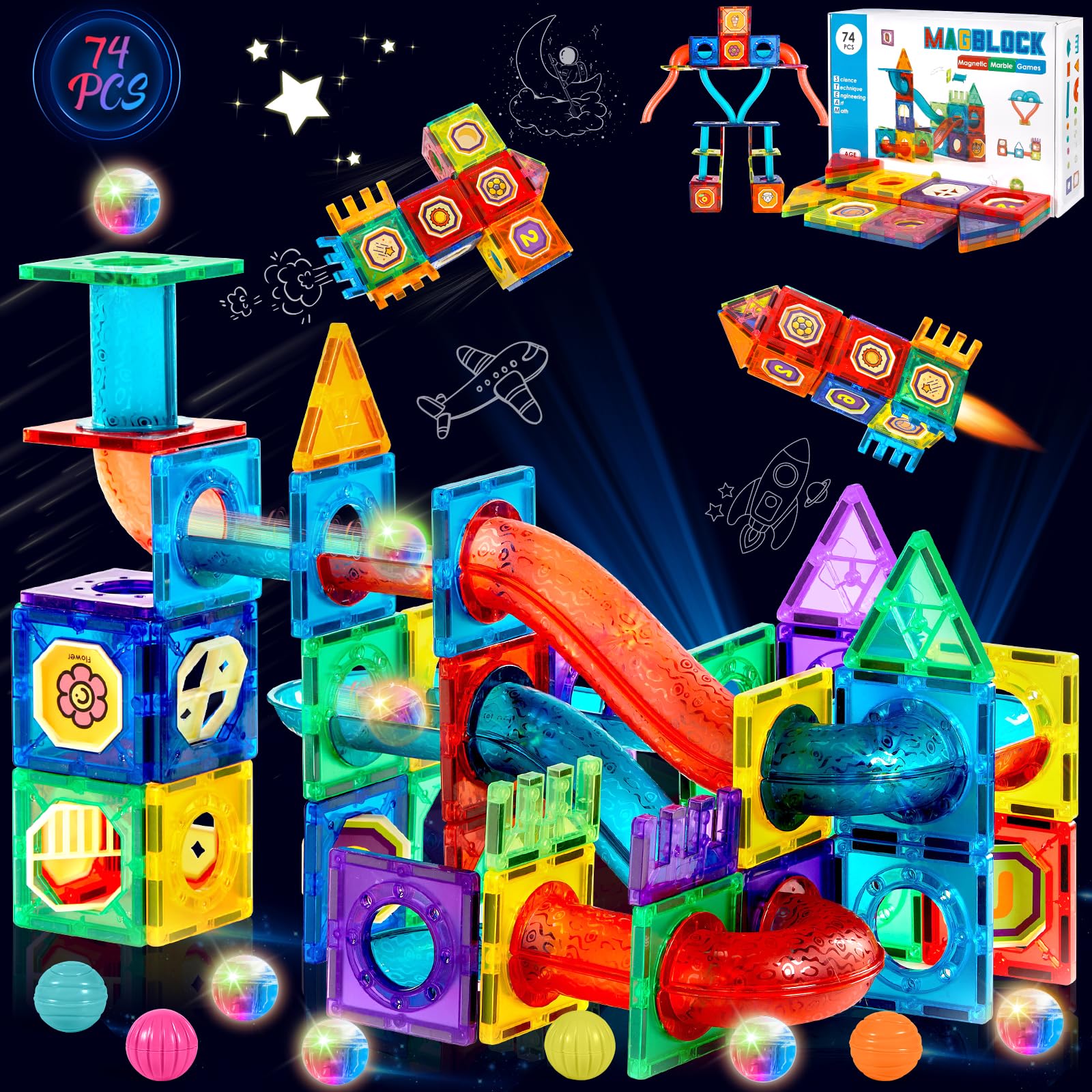 JUQG 74Pcs Magnetic Building Blocks with Pipes, Magnetic Building Blocks Toys, Educational Building Blocks Toys Suitable for Boys and Girls Aged 3 4 5 6 7 8+