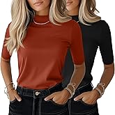 Ficerd 2 Pack Women's Mock Turtleneck T Shirts, Half Sleeve Business Casual Tunic Tops Slim Fit Summer Basic Dressy Tee Shirt