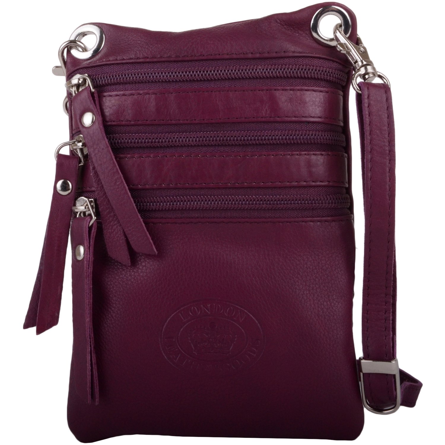 Womens Premium Soft Leather Cross Body/Across Body/Shoulder Bag - Aubergine