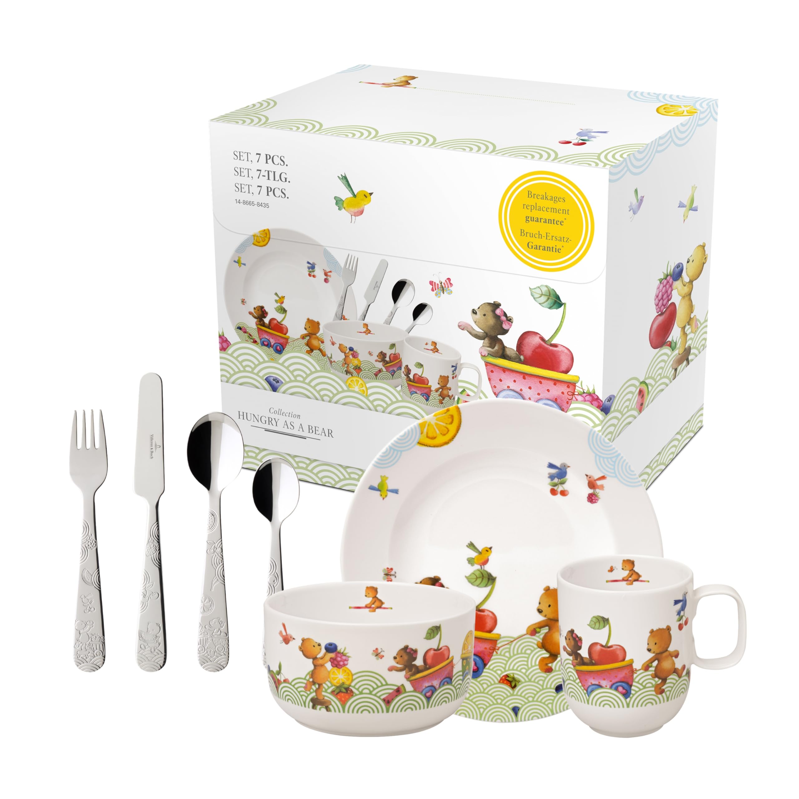 Villeroy & Boch – Hungry as a Bear, Children Dinnerware 7 Piece Set, 2-Year Break Replacement Guarantee, Dishwasher Safe, Kid Plate Bowl Cutlery Set, Premium Porcelain/Stainless Steel