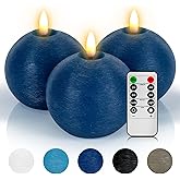 Yongmao Flameless Candles with Remote, Blue Round Candles Ball LED Battery Operated Real Wax Candles Warm Light 3D Wick Flickering for Home Party Wedding Decor (Set of 3)