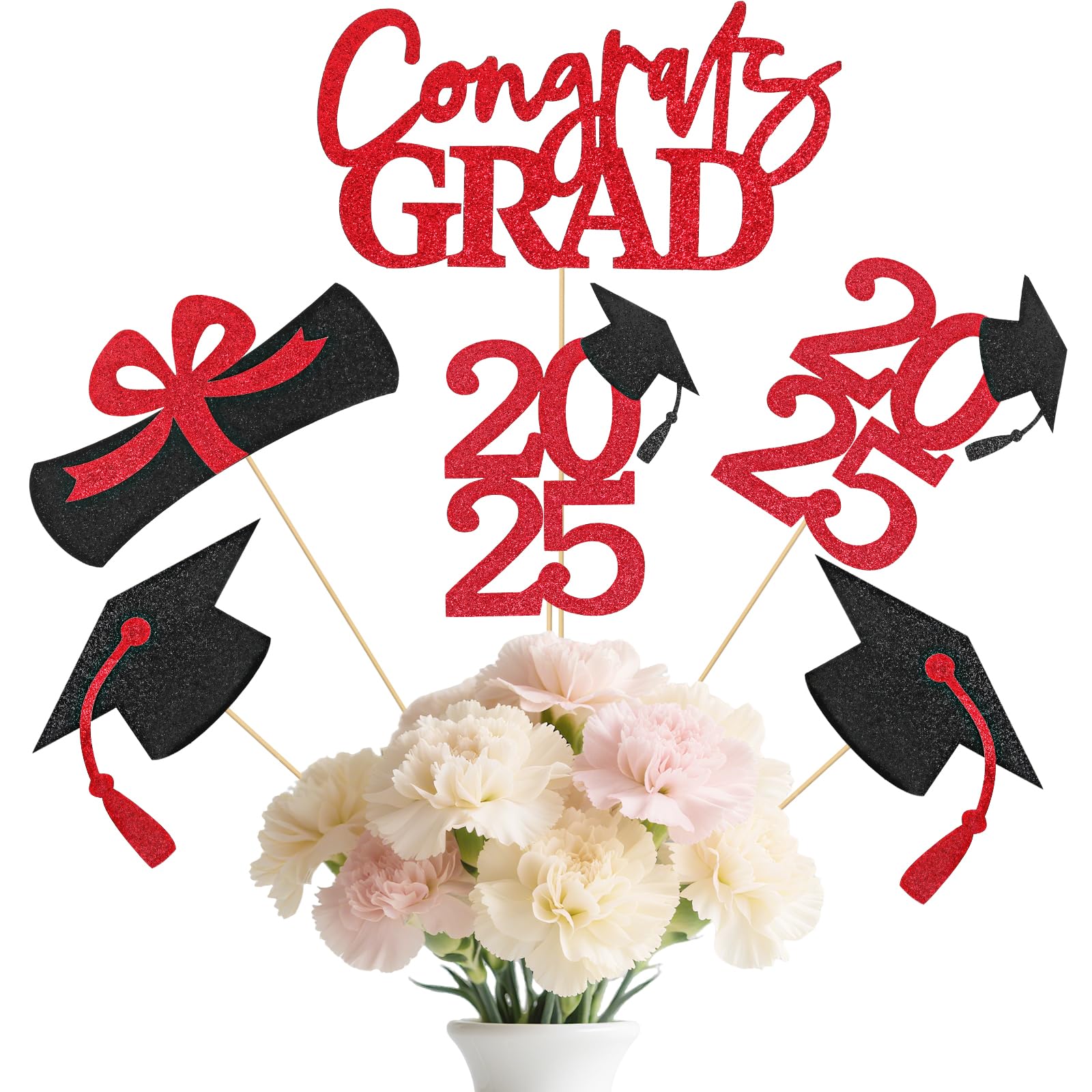 Photo 1 of 16 Pcs Graduation Decorations Class of 2025, Black & Red Double-Sided Graduations Party Decorations, Graduations Party Centerpieces for Table Toppers