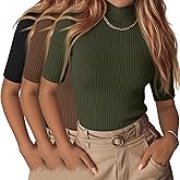 Neer 3 Pack Women's Half Sleeve T-Shirts, Mock Turtleneck Elbow Length Tee Ribbed Slim Fit Casual Summer Tunic Tops