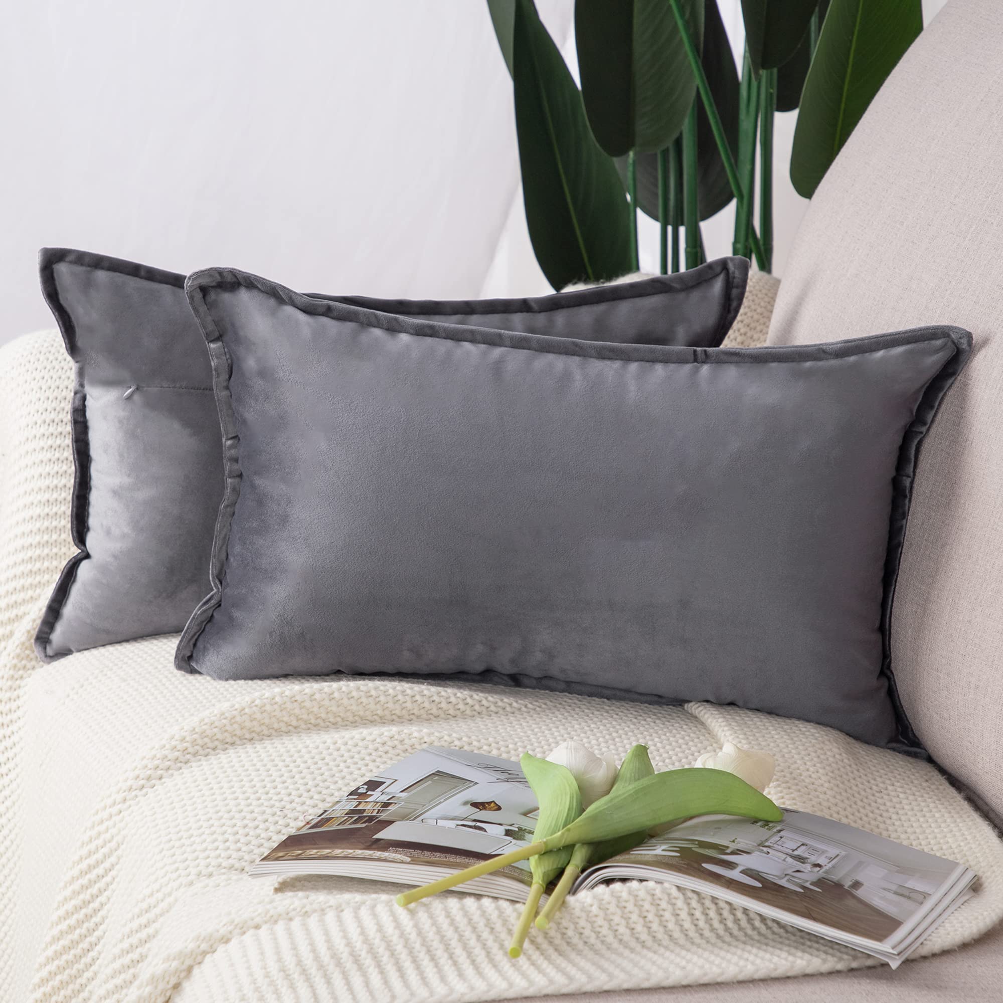 Madizz Pack of 2 Super Soft Velvet Decorative Cushion Covers with Fringe Luxury Style Cushion Case Pillow Shell for Sofa Bedroom Grey 12x20 inch, 30x50 cm Rectangular
