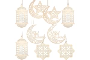QUEEKAY 9 Pieces Wooden Pendant Ornament Ramadan Kareem Hollow Decoration Moon Star Wind Light Shape Pendant Ornament Rustic Happy Eid Hanging Sign for Ramadan Mubarak Eid Party Decorations