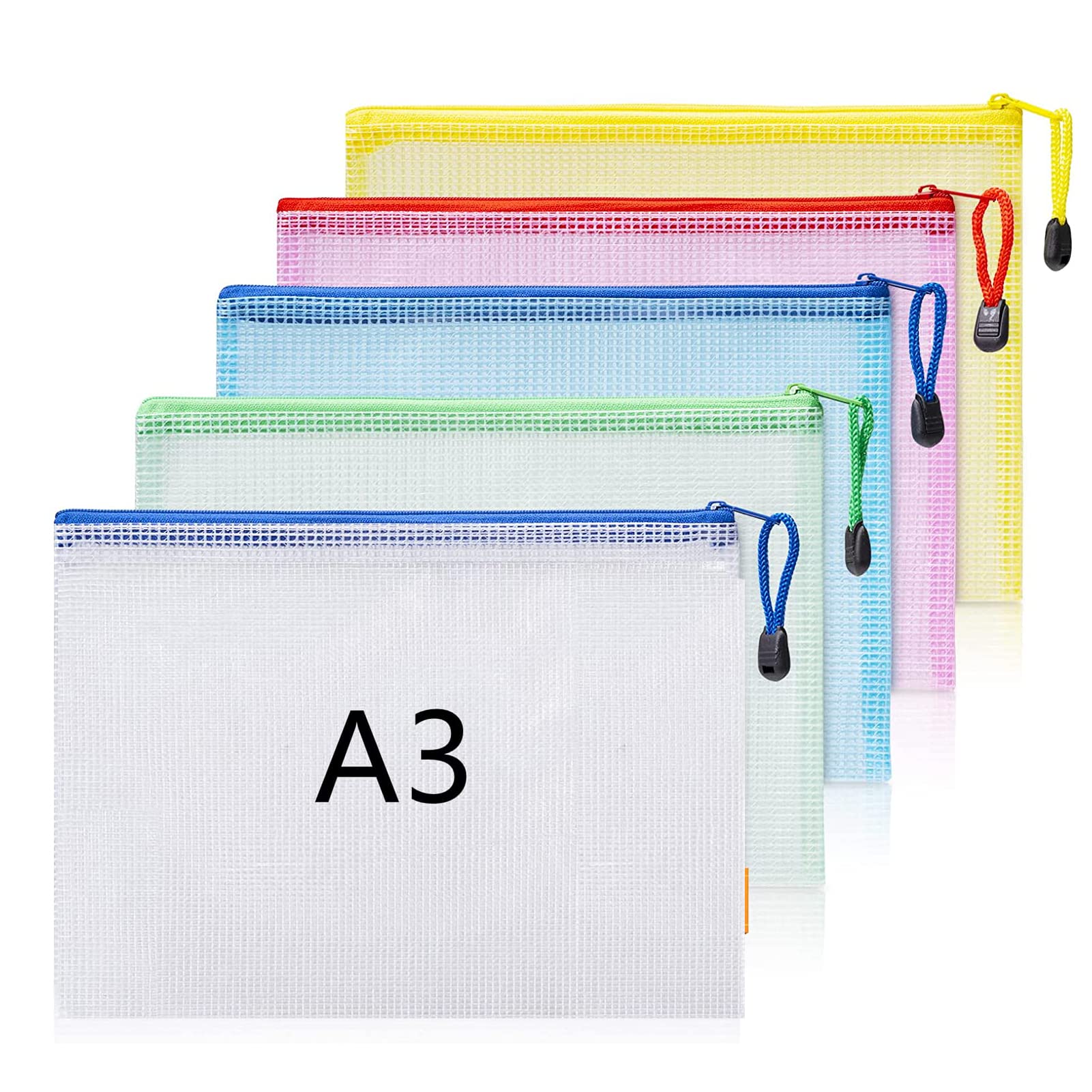 Plastic Wallets A3 Zip Wallets Ziplock Bags Plastic Mesh Document File Folder A3 Zipper Bag Zip Locked Bags - 5PCS