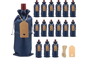 DIWNELEM 16 Pack Burlap Wine Bags,Wine Gift Bags with Tags and Rope,Drawstring Wine Bottle Covers for Wine Tasting Party,Chri