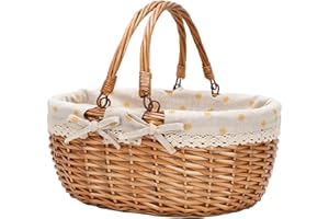 G GOOD GAIN Wicker Picnic Basket with Double Folding Handles,Willow Picnic Hamper,Natural Hand Woven Easter Basket,Easter Eggs and Candy Basket,Bath Toy and Kids Toy Storage,Gift Packing Basket.Yellow