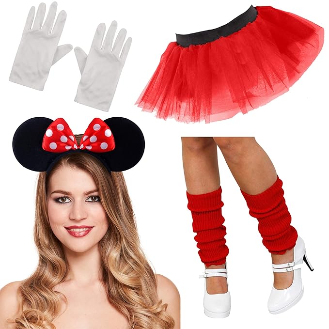 Minnie Mouse Ladies Fancy Dress Tutu Ears Gloves Legwarmers Set outfit (Full 4 piece set) by PAPER UMBRELLA