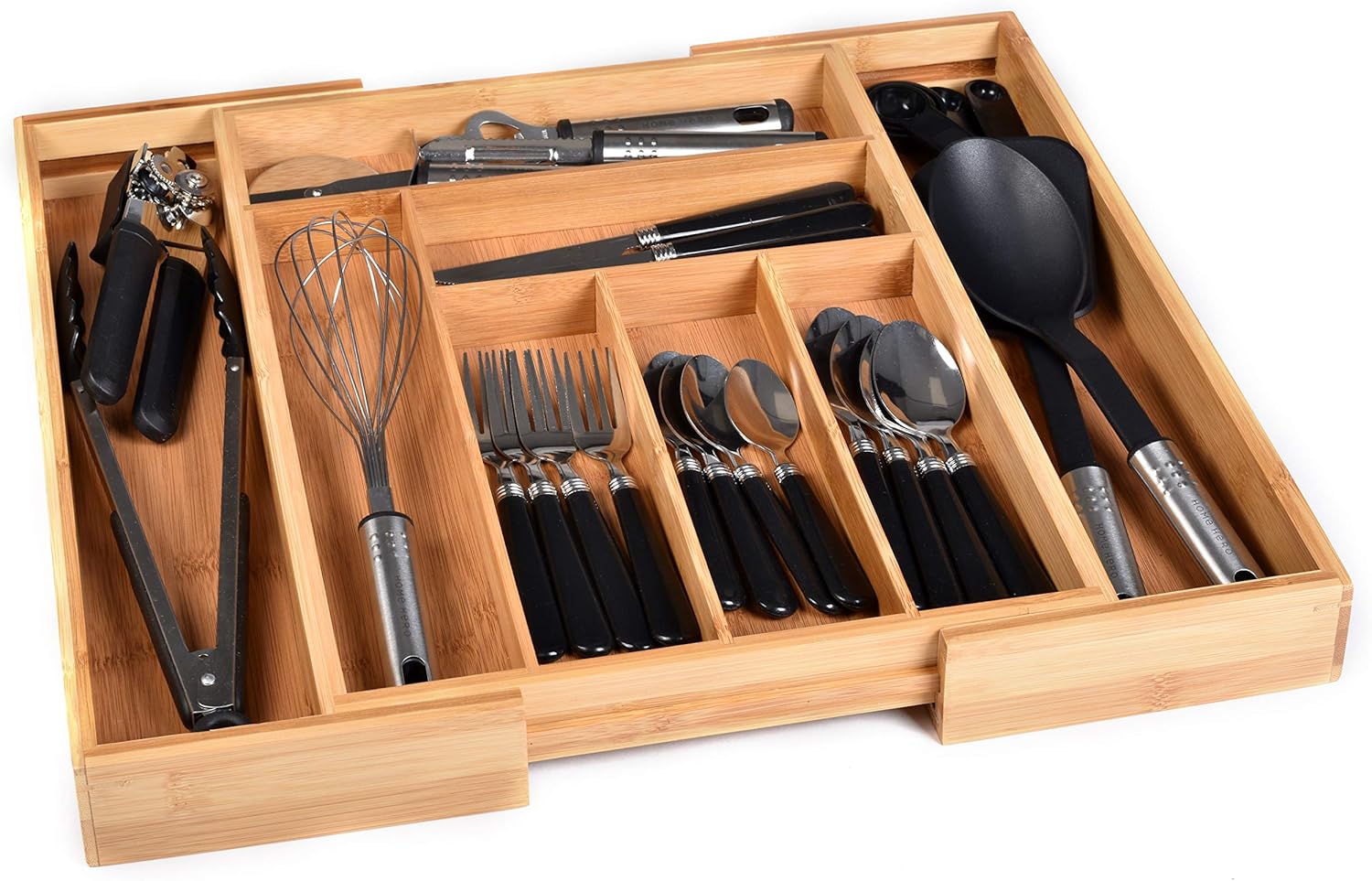 Bamboo Kitchen Drawer Organizer - Easily Adjust The Wooden Tray Width to Drawer Size, Deep Enough to Fit Entire Drawer and Accommodates Different Kitchen Utensil and Cutlery Sizes. -