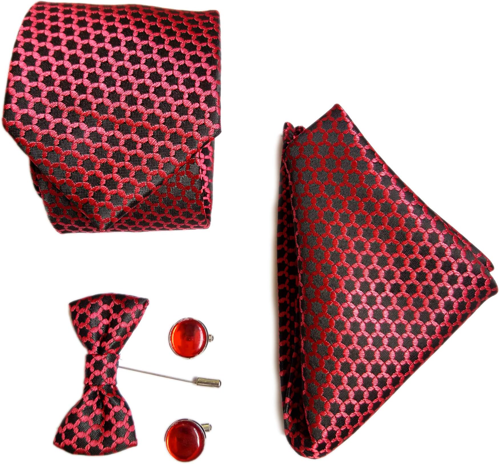 Men's Combo of Necktie, Pocket Square Lapel Pin and Cufflinks