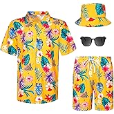 Harloon 4Pc Men's Hawaiian Shirt and Short Set Casual Button Down Flower Outfits with Bucket Hat Sunglasses Halloween Tourist
