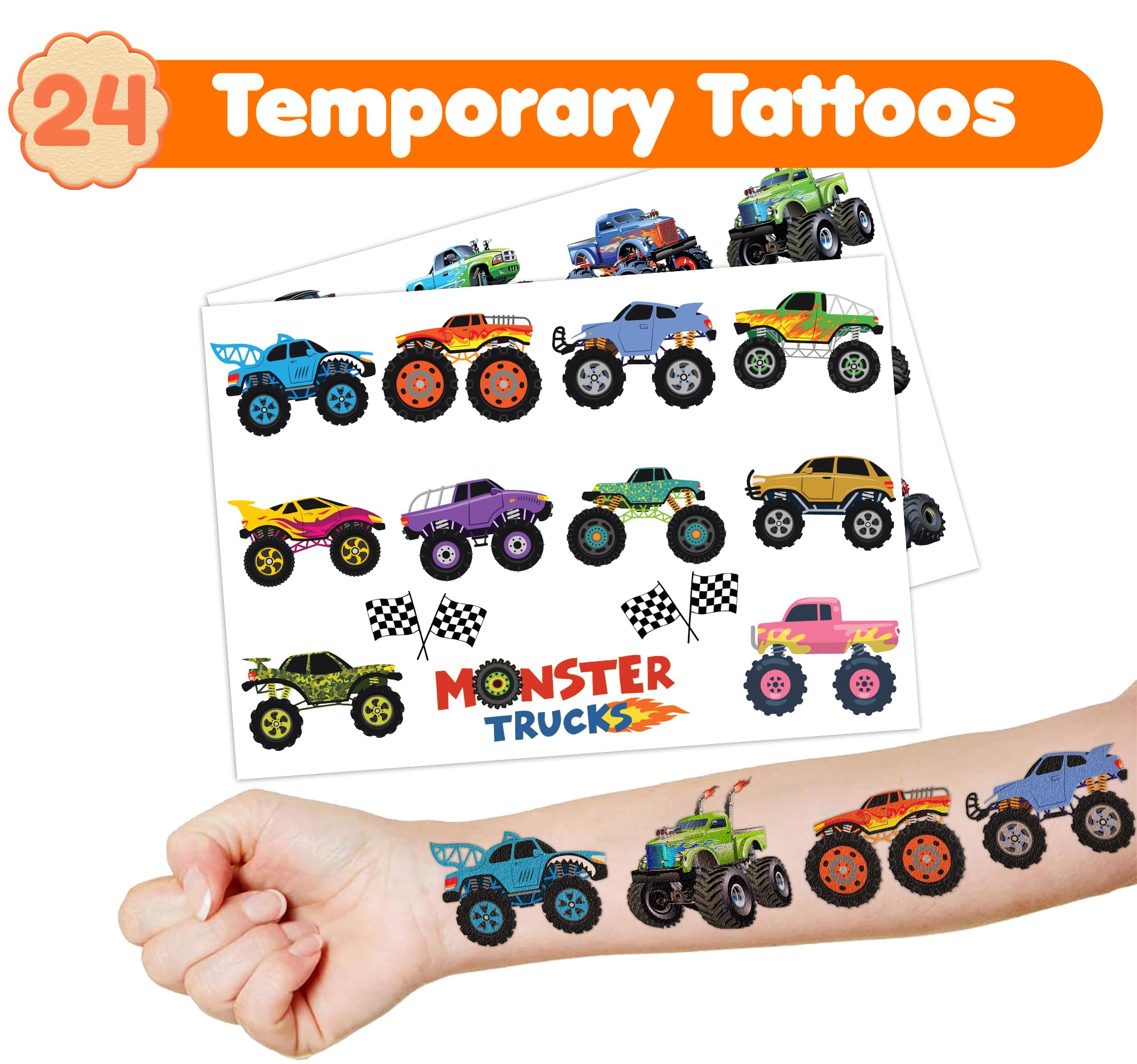 72PCS Monster Truck Party Favors – 48 Pre-cut Temporary Tattoos & 24 Slap Bracelets for Kids – Ideal for Boys' Birthday Parties, Classroom Prizes, and School Rewards