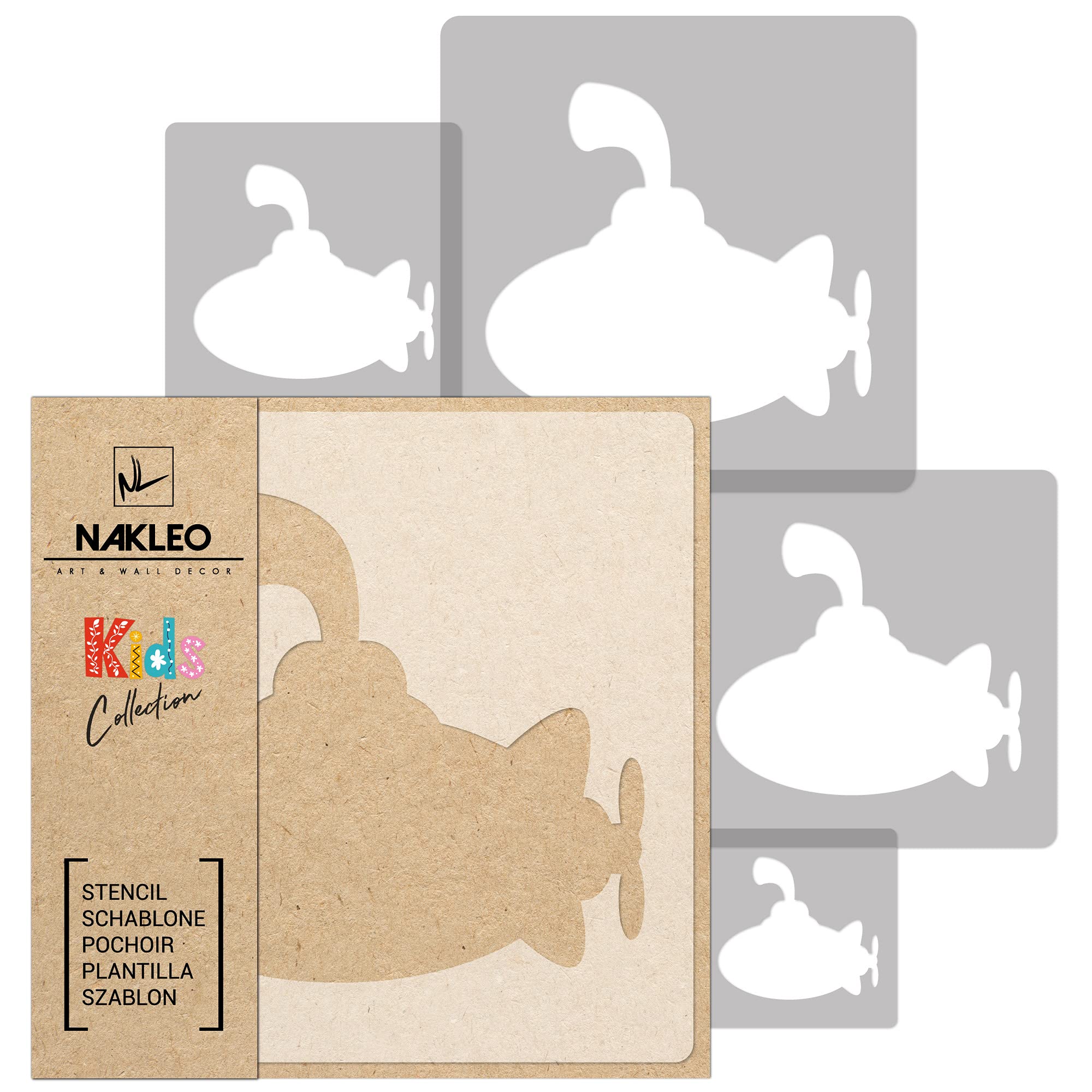 NAKLEO Painting Stencils Set for Nursery Room, 5 Pcs Templates 9x9 to 34x34cm Submarine Underwater U-Boat, Plastic and Reusable Drawing Stencils, Decor, Craft DIY Wall Furniture