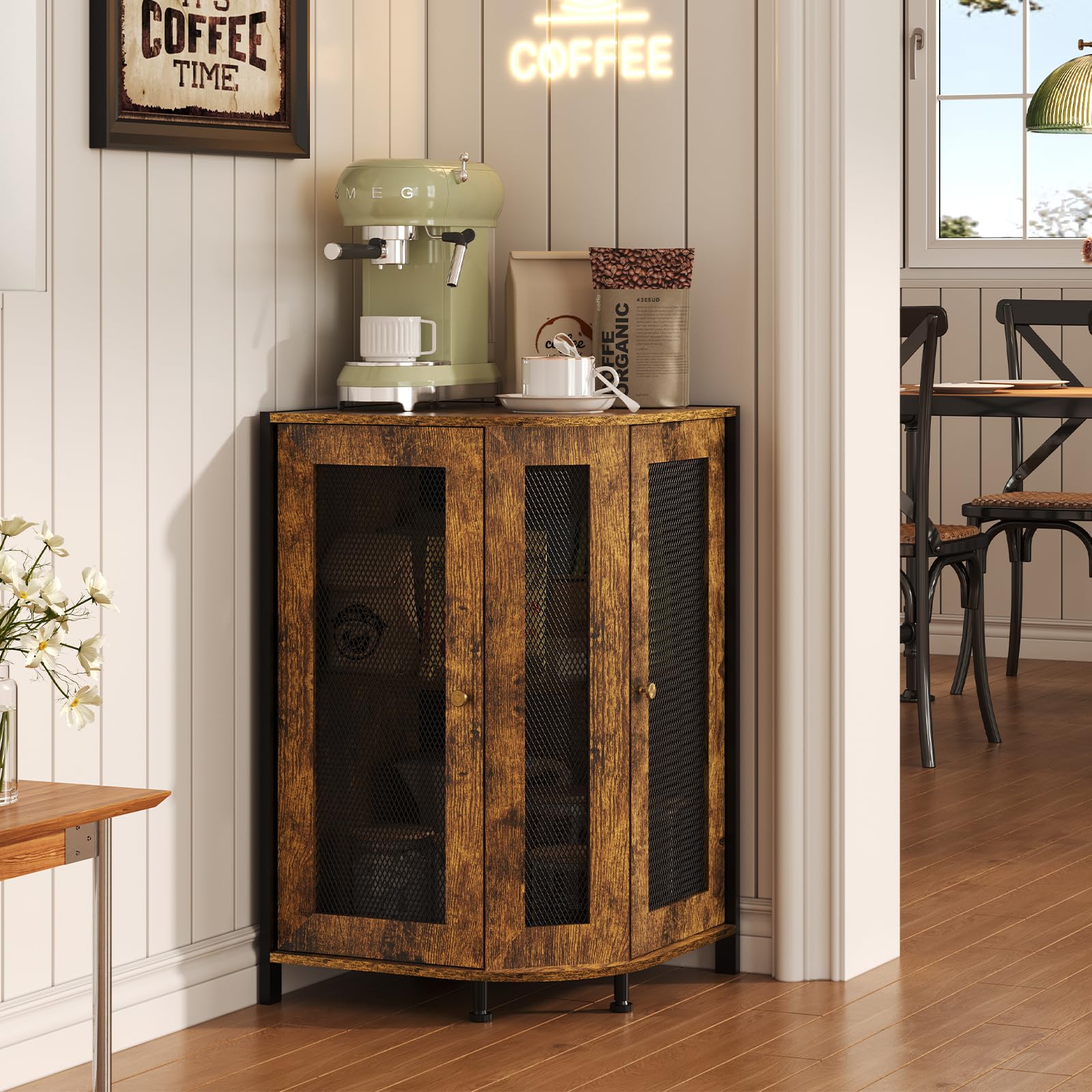 Photo 1 of keomaisyto Coffee Bar Cabinet, 3-Tier Corner Coffee Cabinet with Storage Shelf & 18.7" Countertop, Rustic Wood Corner Bar Station with Magnetic Door for Kitchen/Entrance/Living Room/Dining Room