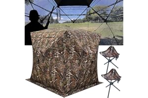 CROSS MARS Portable 2-3 Person 270 Degree See Through Hunting Blind Ground Camouflage Pop Up Turkey Deer Blinds Tent with 2 Stools