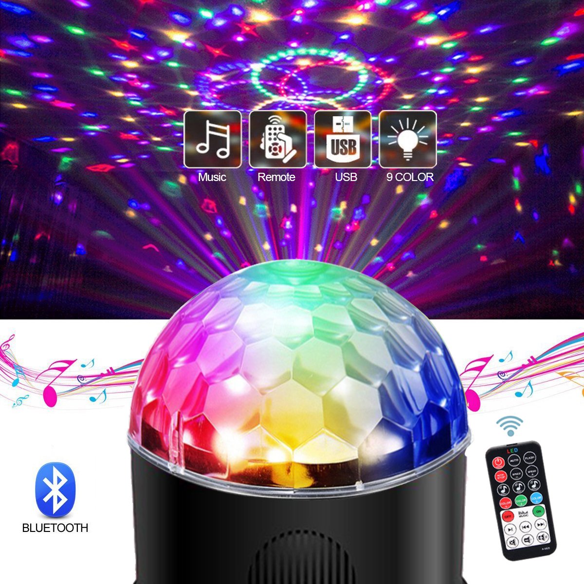 Led Sound Activated Party Lighs Disco Ball DJ Strobe Club Lamp 9 Colors Lighting with Bluetooth Speaker Usb Charging Remote Control for Christmas Home Room Dance Parties Birthday DJ Bar Wedding Show