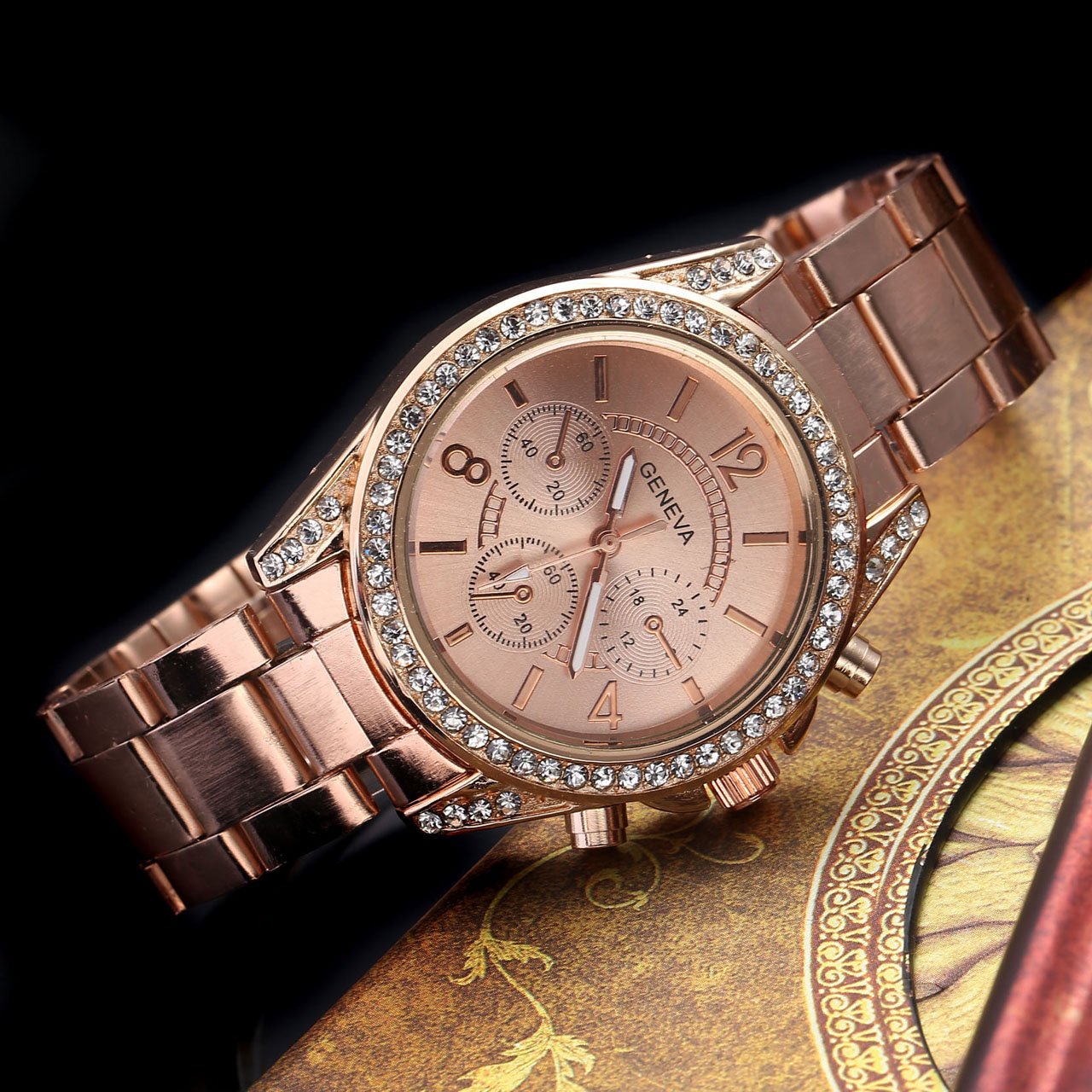 JSDDE Les femmes exquis cristal de luxe strass cristal Montre acier inoxydable bracelet faux Chronographe Quartz Analog Montre(Or Rose)