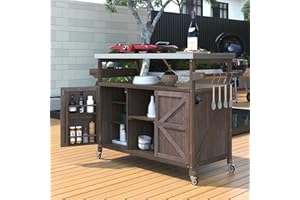 MEETFAV 50.25" W Grill Cart with Stainless Steel Tabletop - Outdoor Storage Cabinet for BBQ, Bar Patio Kitchen Island with Ample Storage and Lockable Wheels