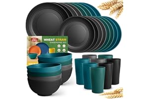 Teivio 32-Piece Kitchen Plastic Wheat Straw Dinnerware Set, Service for 8, Dinner Plates, Dessert Plate, Cereal Bowls, Cups, 