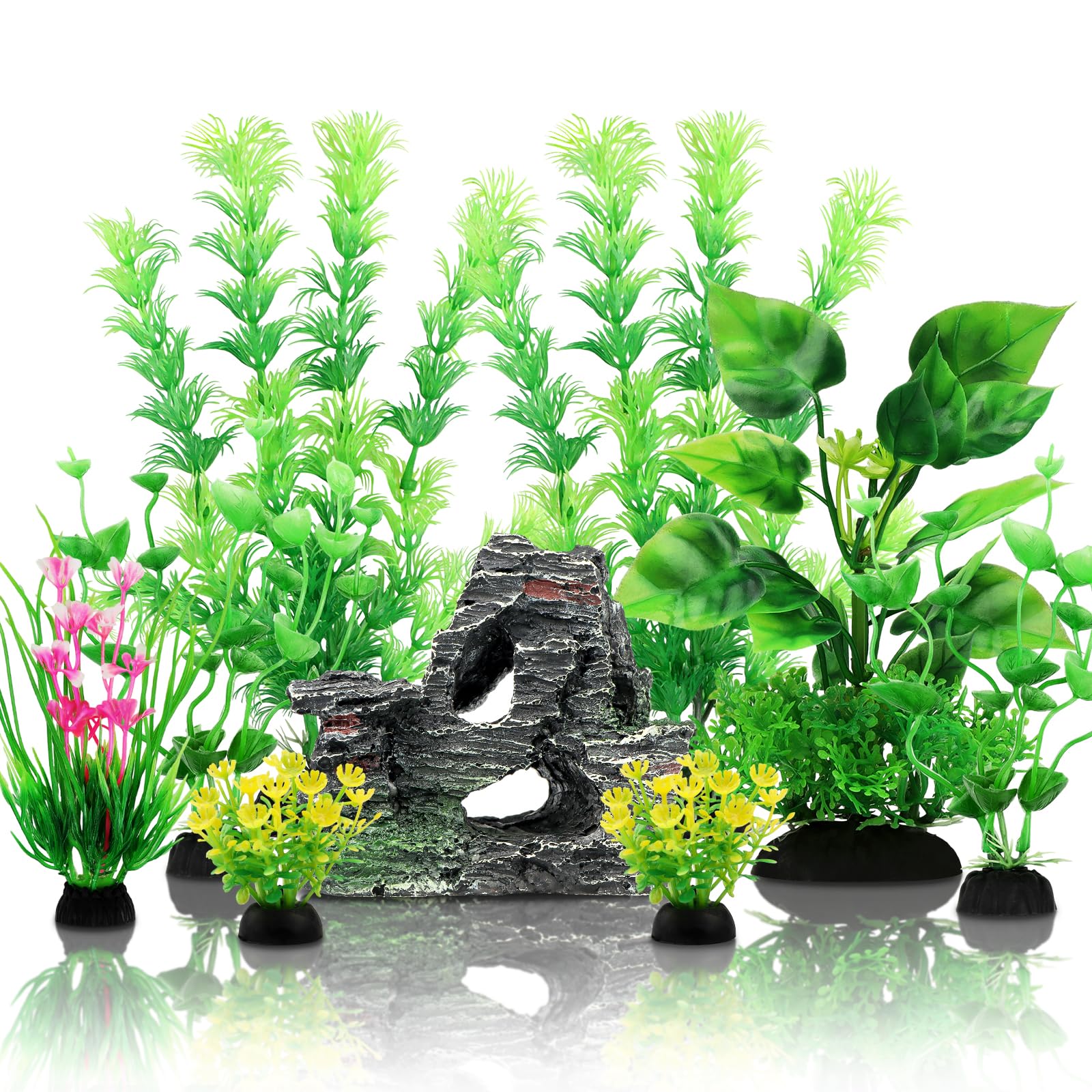 Fish Tank Accessories Artificial Plants, QUOZUO 9pcs Green Aquarium Decorations Plants and Cave Rock Decor Set, Aquarium Decor Plastic Plants
