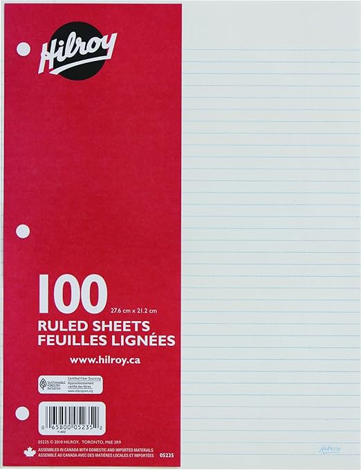 Hilroy Ruled Refill Paper, 3 Hole Punched, 107/8 X 83/8Inch, 100