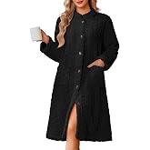 Ekouaer Womens Plush Robe 2026 Warm Fleece Bathrobe Housecoat with Pockets | Cozy Jacquard Fabric, Long Sleeve, Stand Collar, Button Closure Knee Length Robe, Roomy Winter Bath Robe for Women