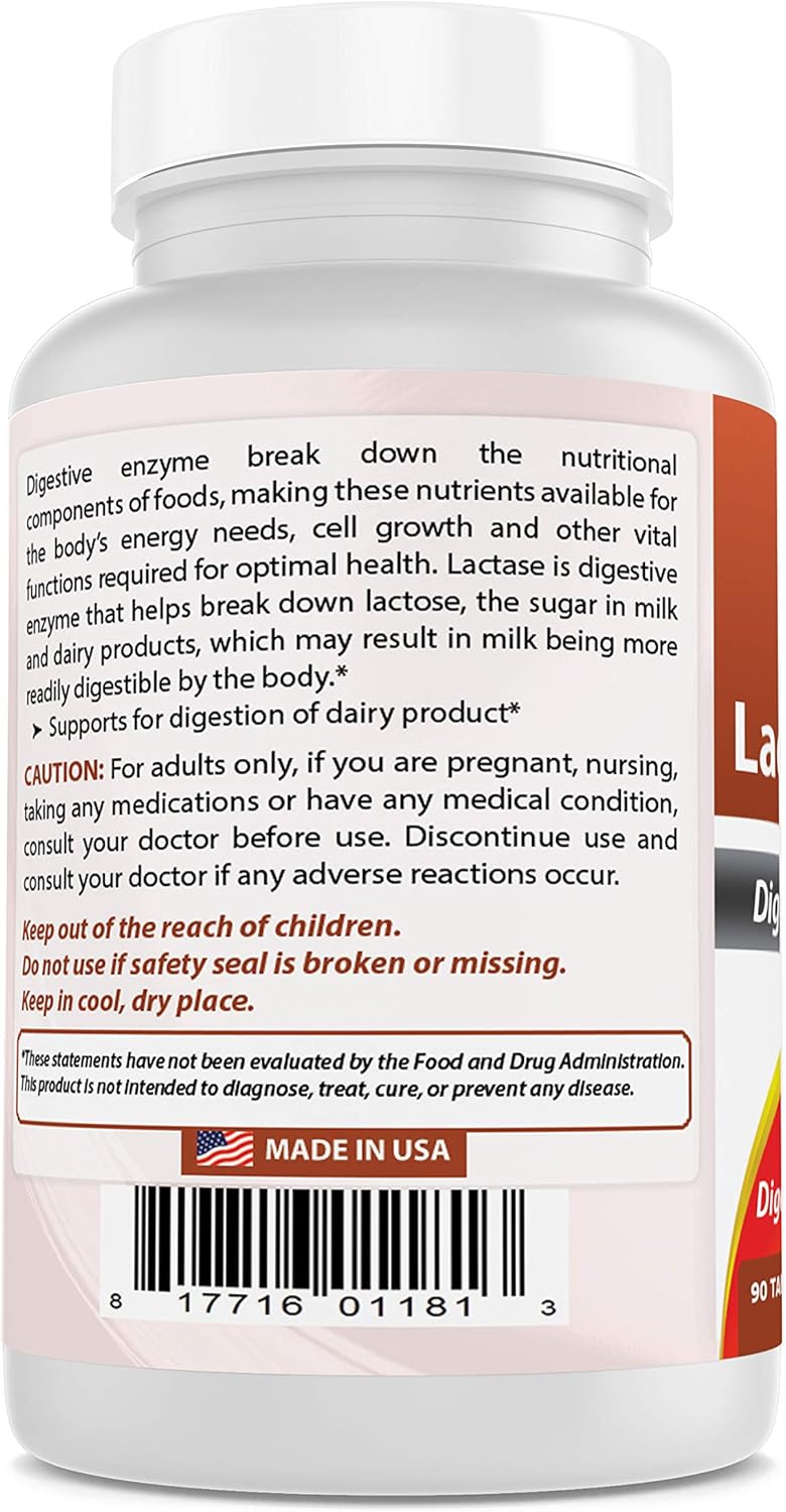 Best Naturals Lactose Intolerance Relief Tablets with Natural Lactase Enzyme, Fast Acting High Potency Lactase, 9000 FCC ALU, 90 Count: Health & Personal Care