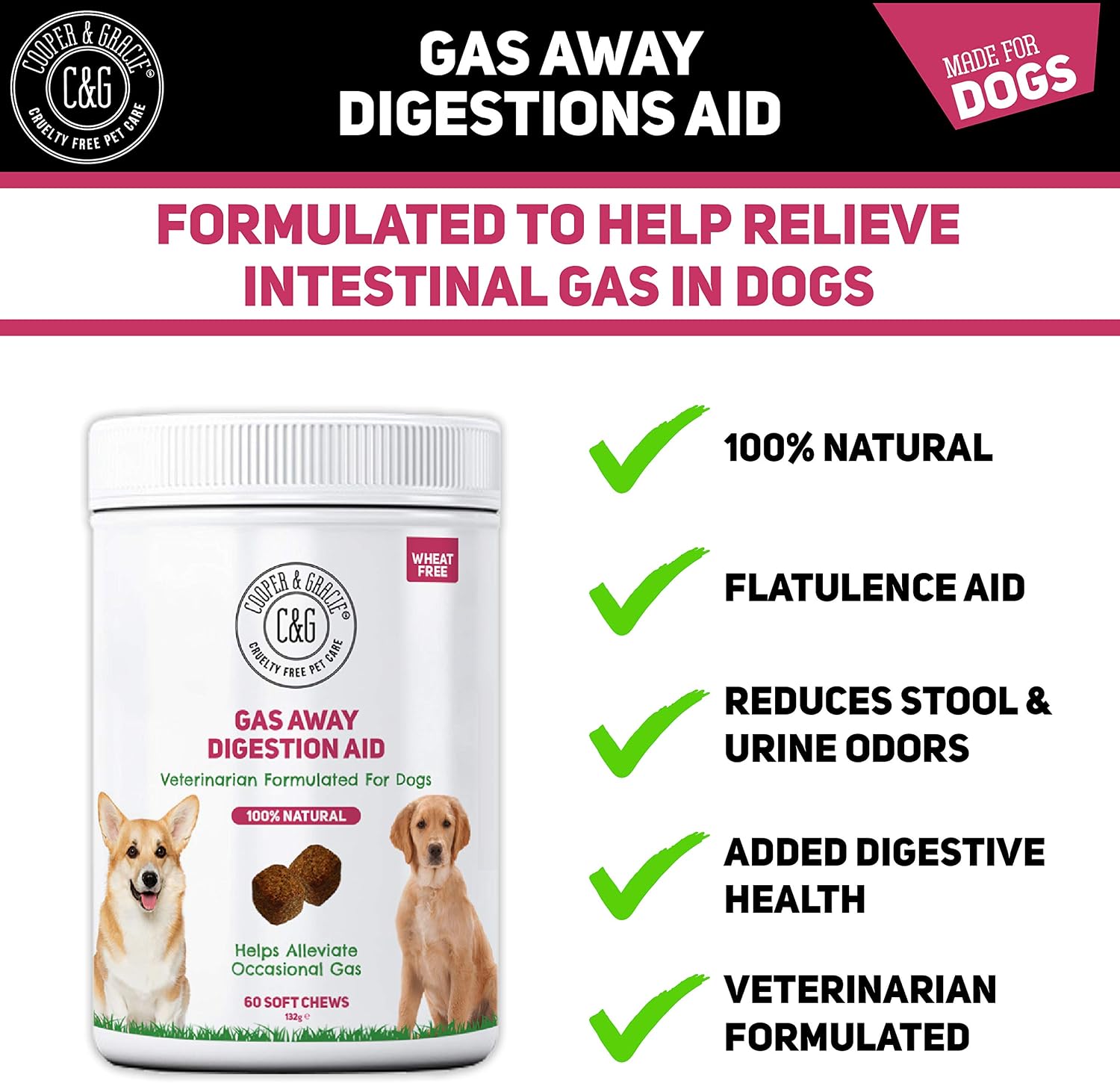 C&G Pets Gas Away Digestion Aid 60 Soft Chews, Gas & Flatulence Supplement Aid for Dogs Relieve Gas and Bloating Discomfort - Image 5
