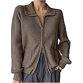 BEAUDRM Women's Cardigan Sweaters Zip Up Long Sleeve Collared Y2k Sweater Jacket with Pockets