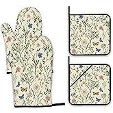 Wildflowers Oven Mitts and Pot Holders,Vintage Garden Plants Herb Flower Botanical Heat Resistant Oven Mitts Gloves and Pot Holder for Home Kitchen Decorations Cooking Baking BBQ Gifts,Set of 4