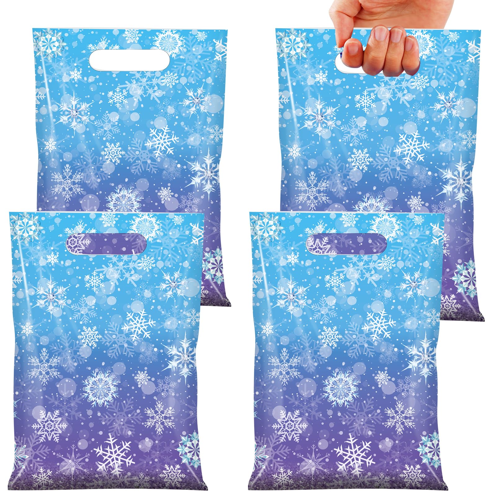 Photo 1 of 50 Pcs Winter Snowflake Party Favor Bags, Blue and Purple Snowflake Goodie Bags Bulk with Handles, Holiday Plastic Gift Candy Bag for Birthday Christmas Winter Wonderland Party Supplies