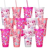 Ovveroche 12 Pcs Sleepover Party Cups with Lids and Straws, 24 oz Glitter Iced Coffee Tumbler Sleepover Party Supplies for Girls