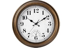 45MinST 12 Inch Indoor/Outdoor Retro Round Waterproof Wall Clock with Thermometer, Silent Non-Ticking Battery Operated Quality Quartz Wall Clock Home/Patio Decor(Bronze)