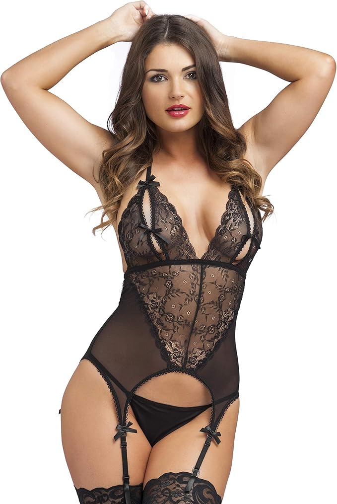Lovehoney Lingerie PeekABoo Women's One Size Black Lace Merry Widow
